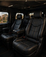 Ambient lighting and leather interior inside a Reign Transportation Mercedes EQV