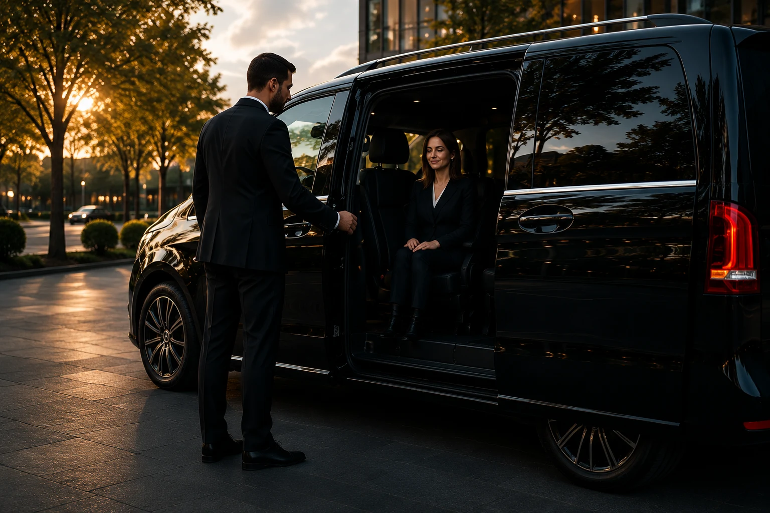 Professional chauffeur assisting a business passenger into a Mercedes EQV
